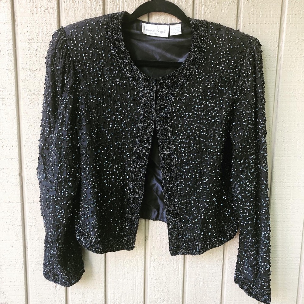 Cropped black sequin blazer w/shoulder pads